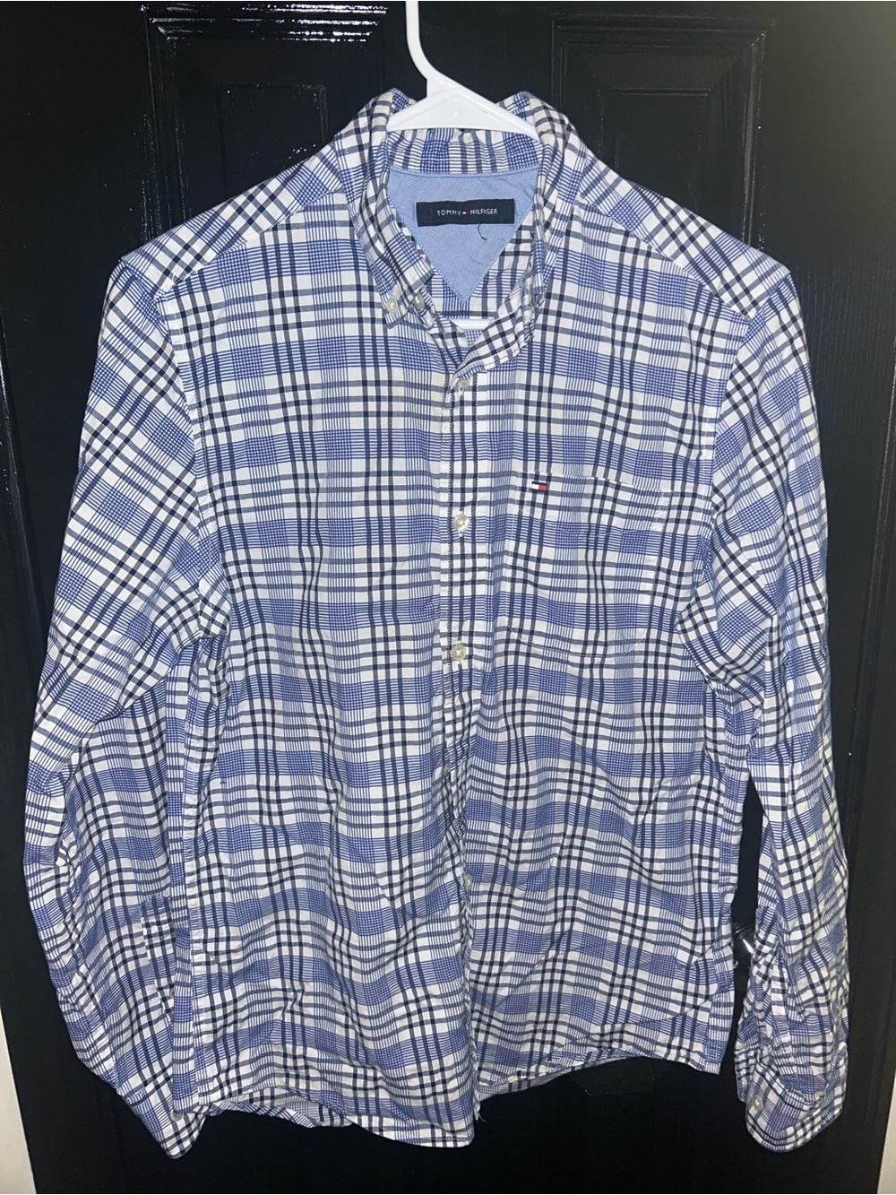 Tommy Hilfiger Men's White and Blue Plaid Button-Down Shirt